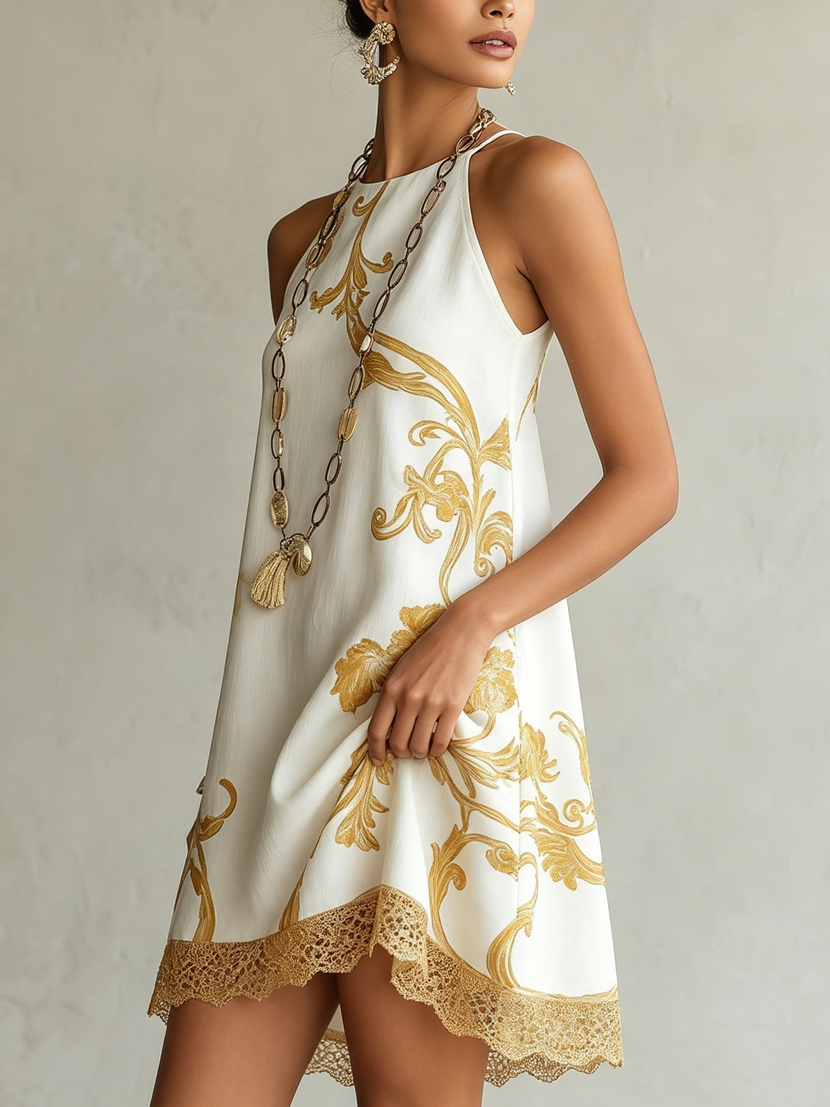 Héloïse | White Lace Mini Dress with Golden Accents