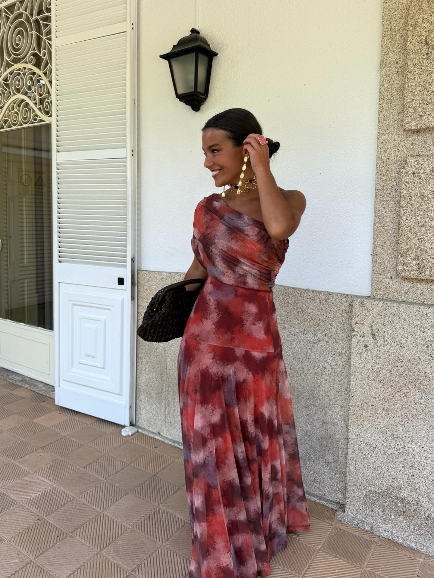 Long watercolor dress with dropped shoulders