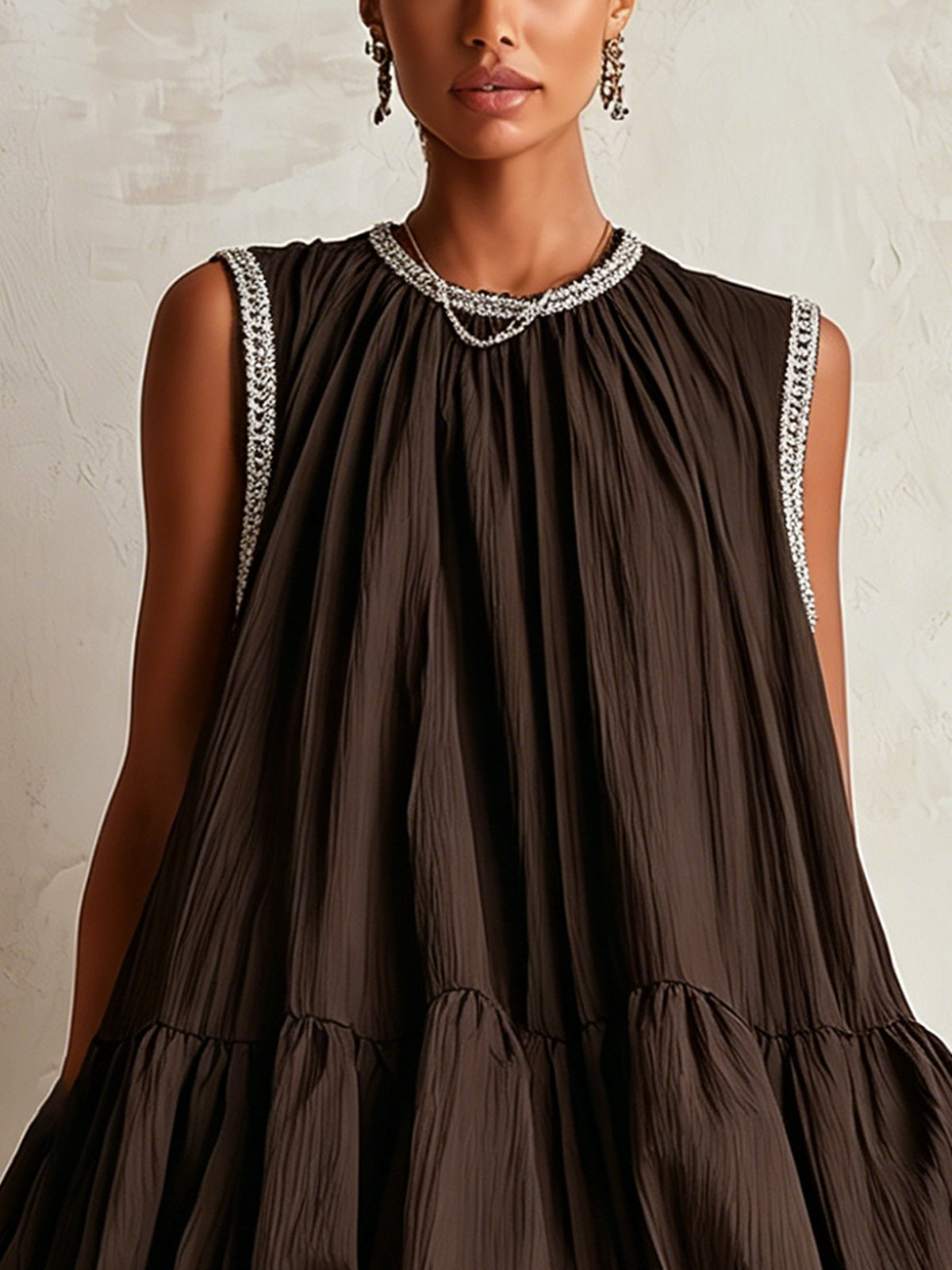 Colette | Brown Puff Hem Sleeveless Mini Dress