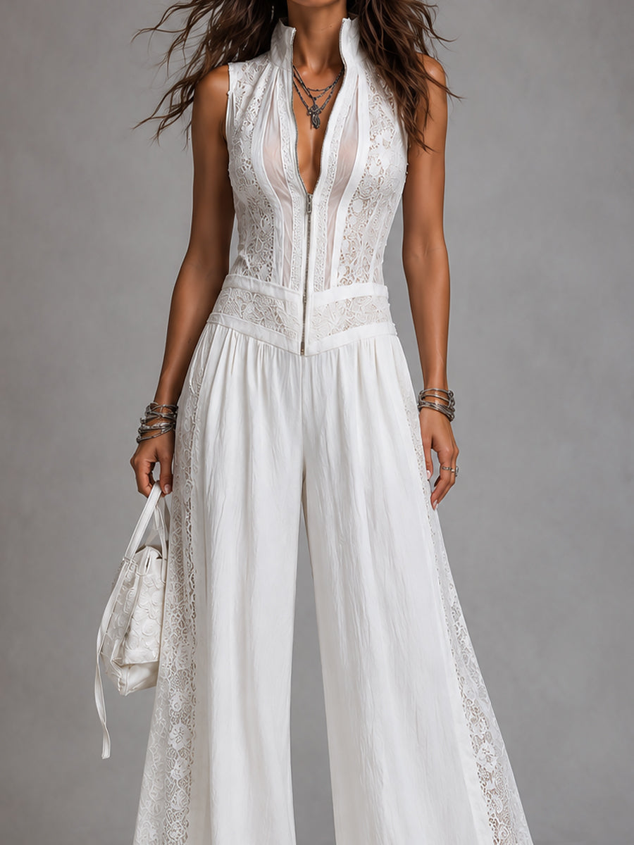 Vintage jumpsuit with high collar and wide leg with lace panels