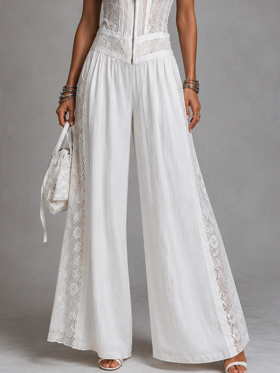 Vintage jumpsuit with high collar and wide leg with lace panels