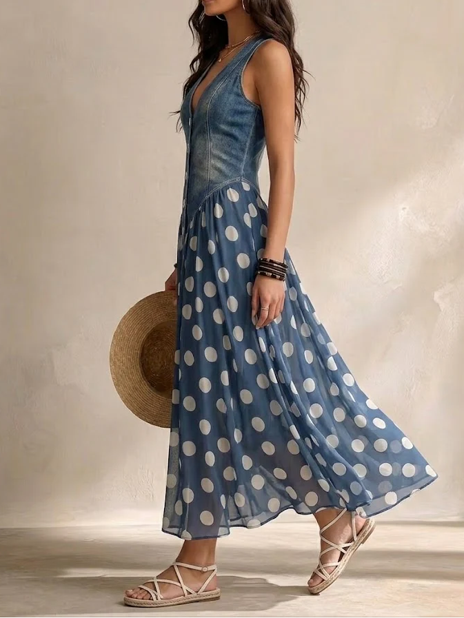 Jasmine | Denim Bodice Polka Dot Chiffon Midi Dress