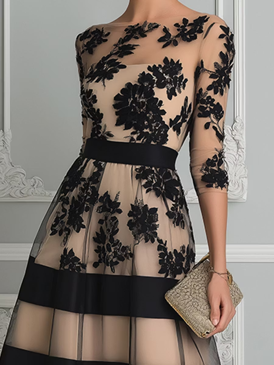 AUBREY | Floral Lace Midi Dress with Sheer Overlay