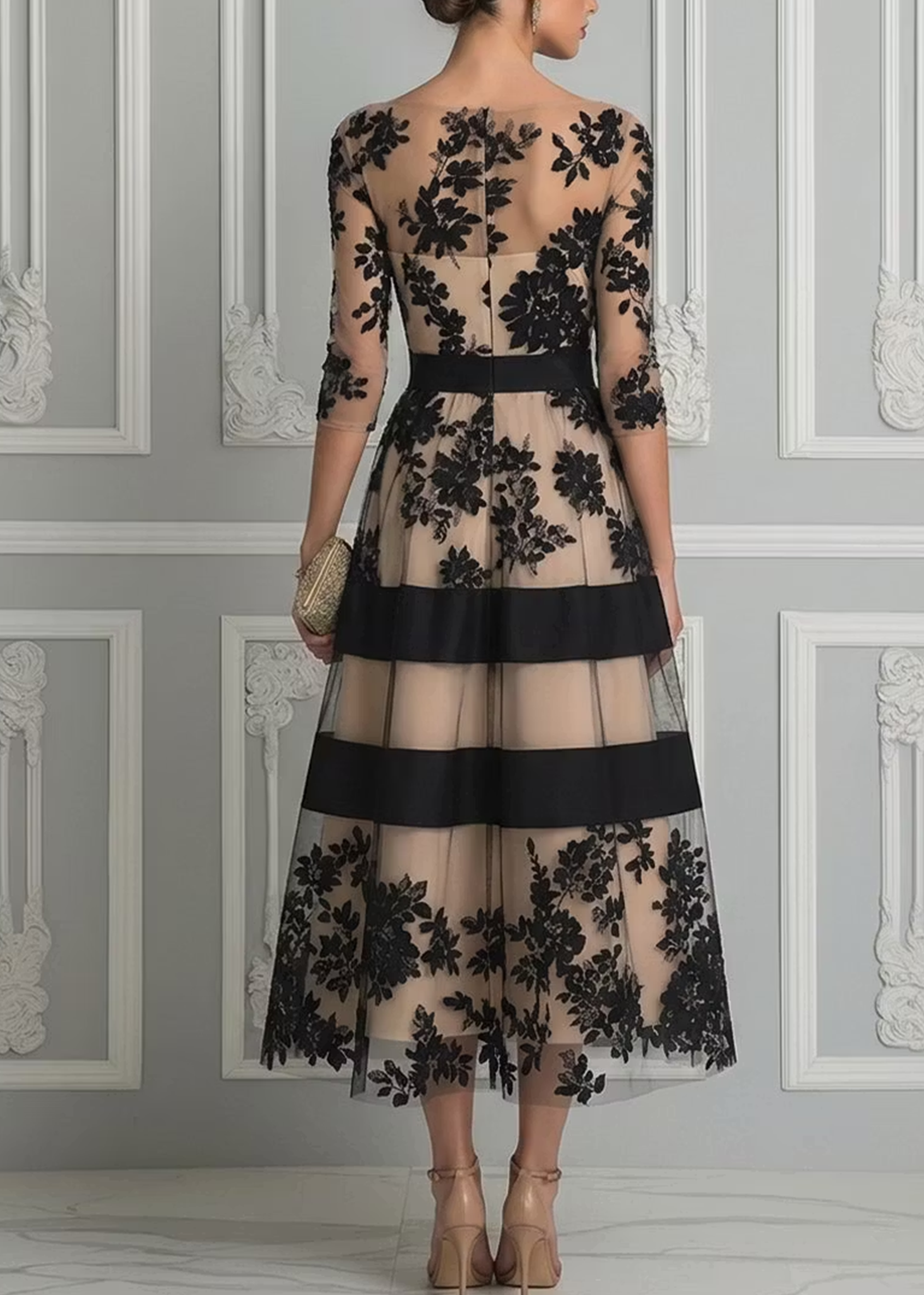 AUBREY | Floral Lace Midi Dress with Sheer Overlay
