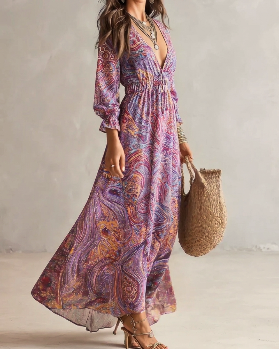 Paisley Print V-neck Gathered Chiffon Maxi Dress