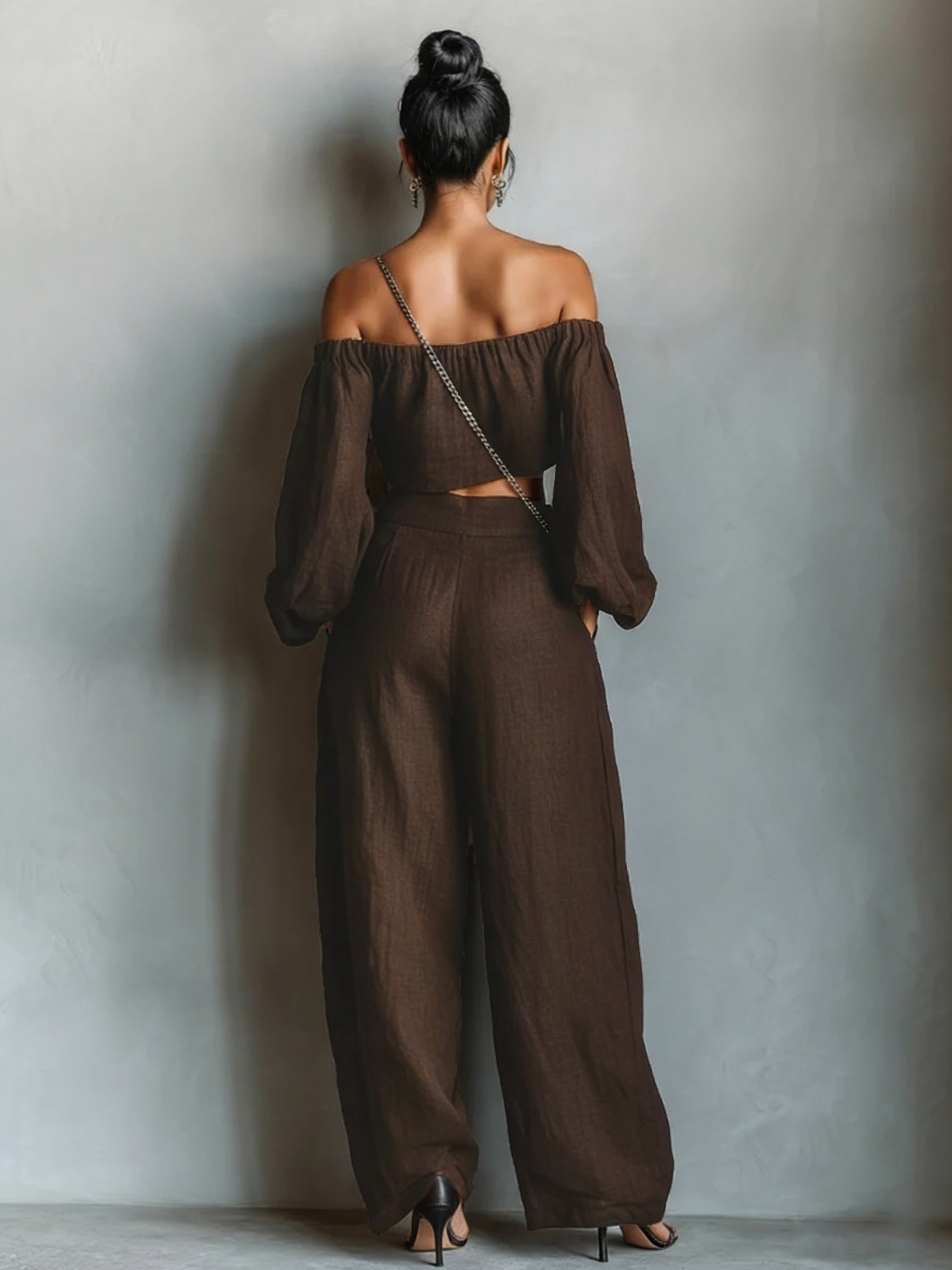 Tiana || Off-shoulder neckline outfit with wide pants