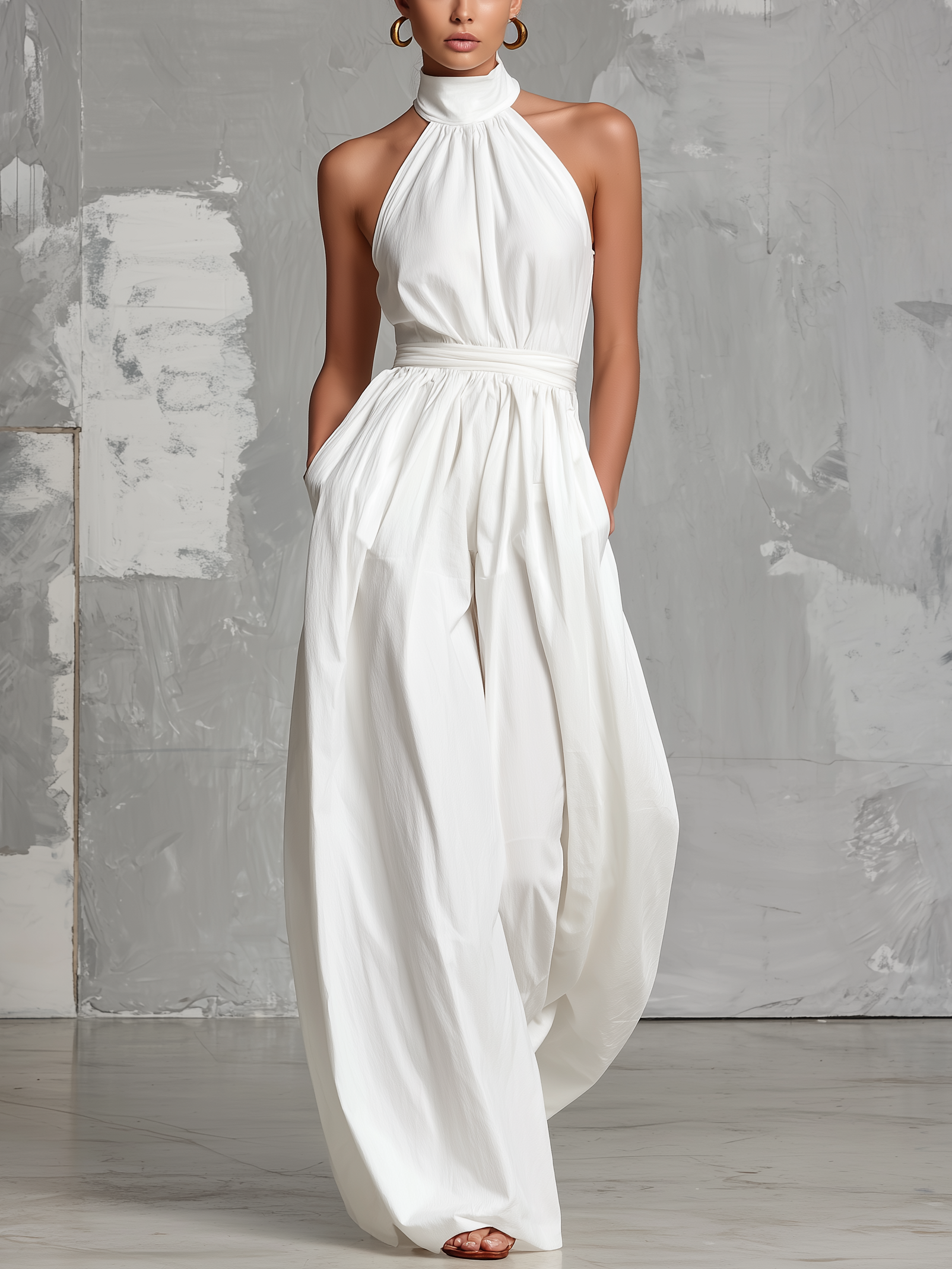 Fiamma | Elegant white jumpsuit in woven fabric with sleeveless halter neck