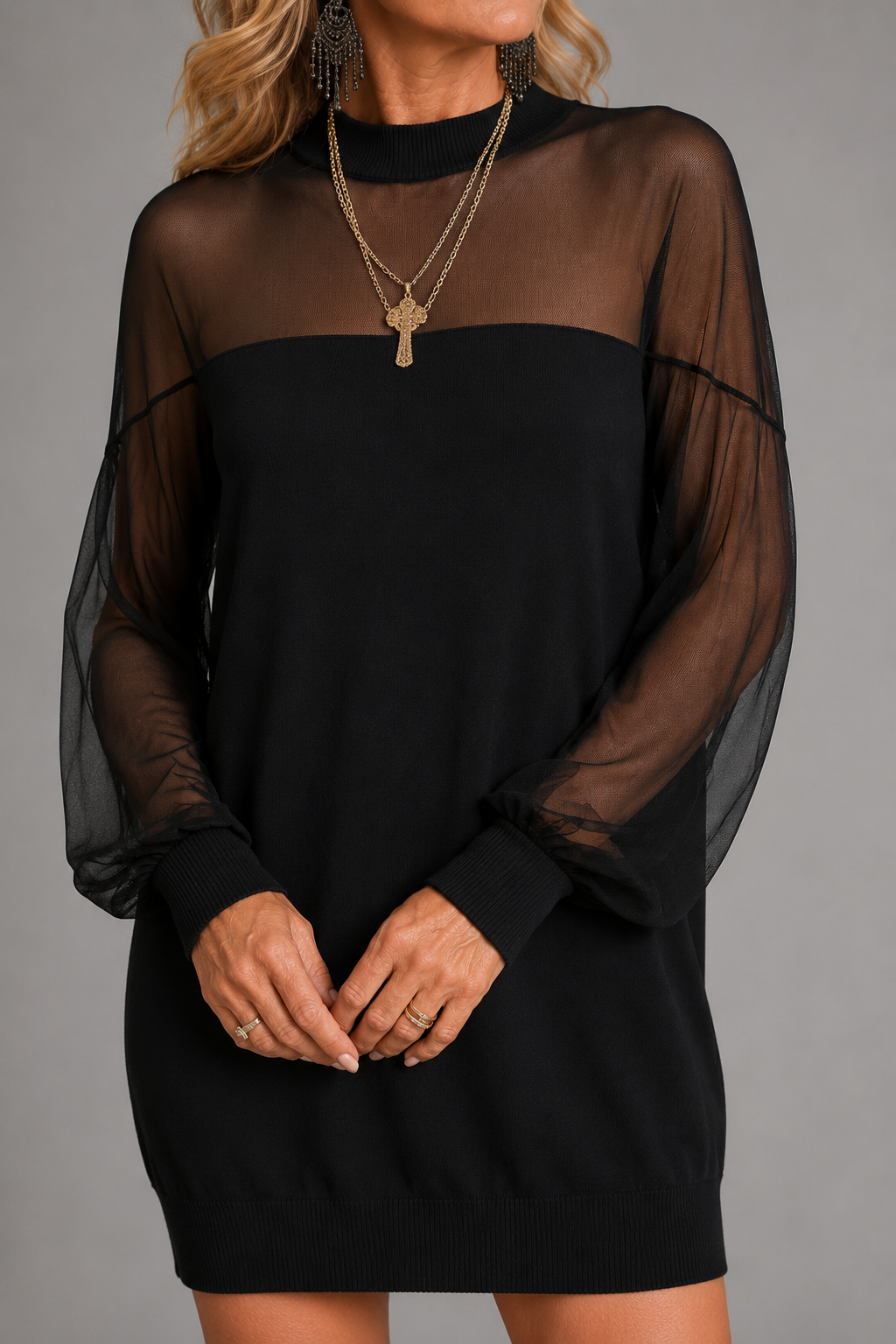 Amélie™ | Black Mesh-Sleeve Mini Dress