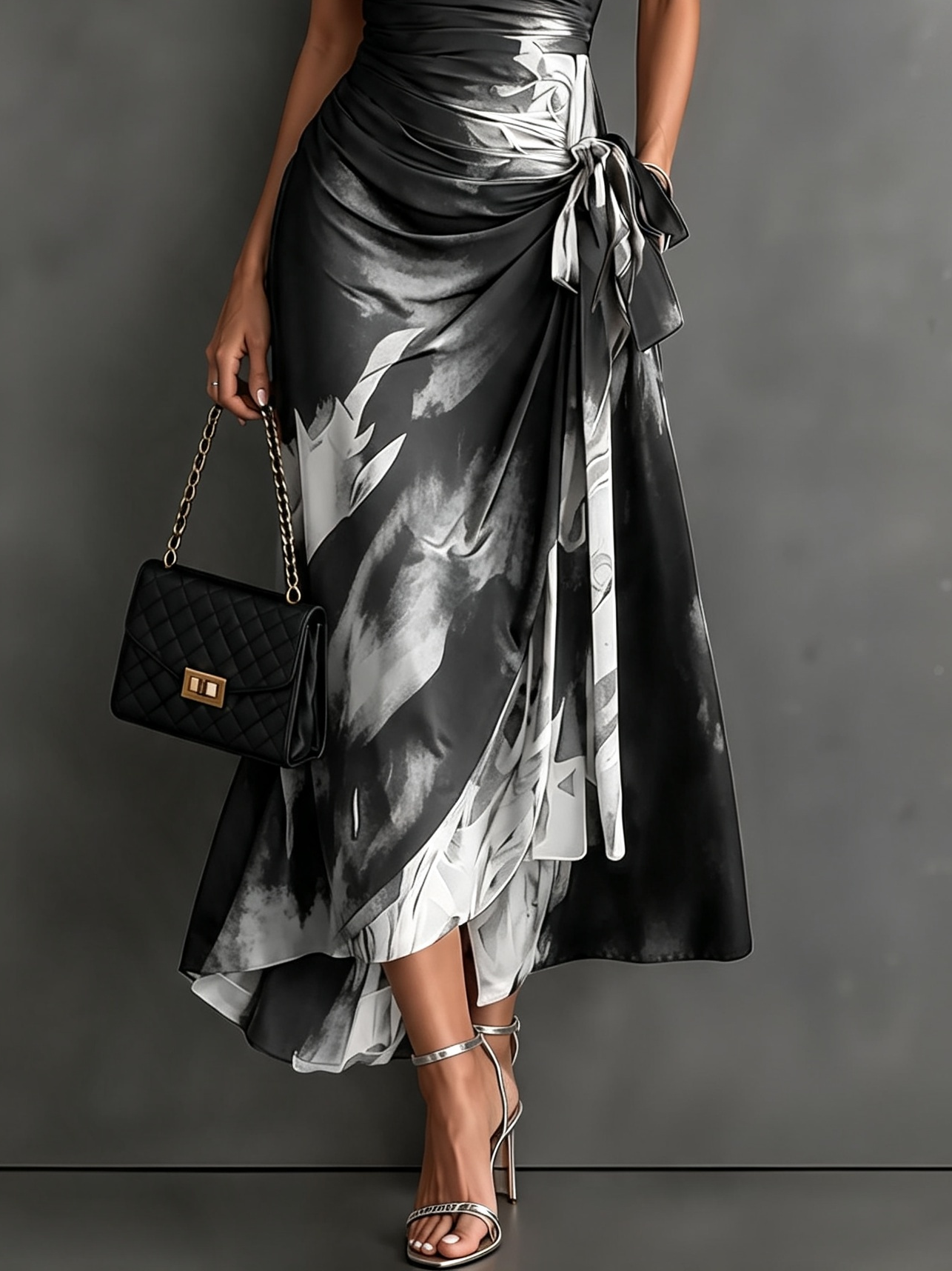 HARPER | Abstract Print Wrap Midi Dress with Tie-Waist Detail