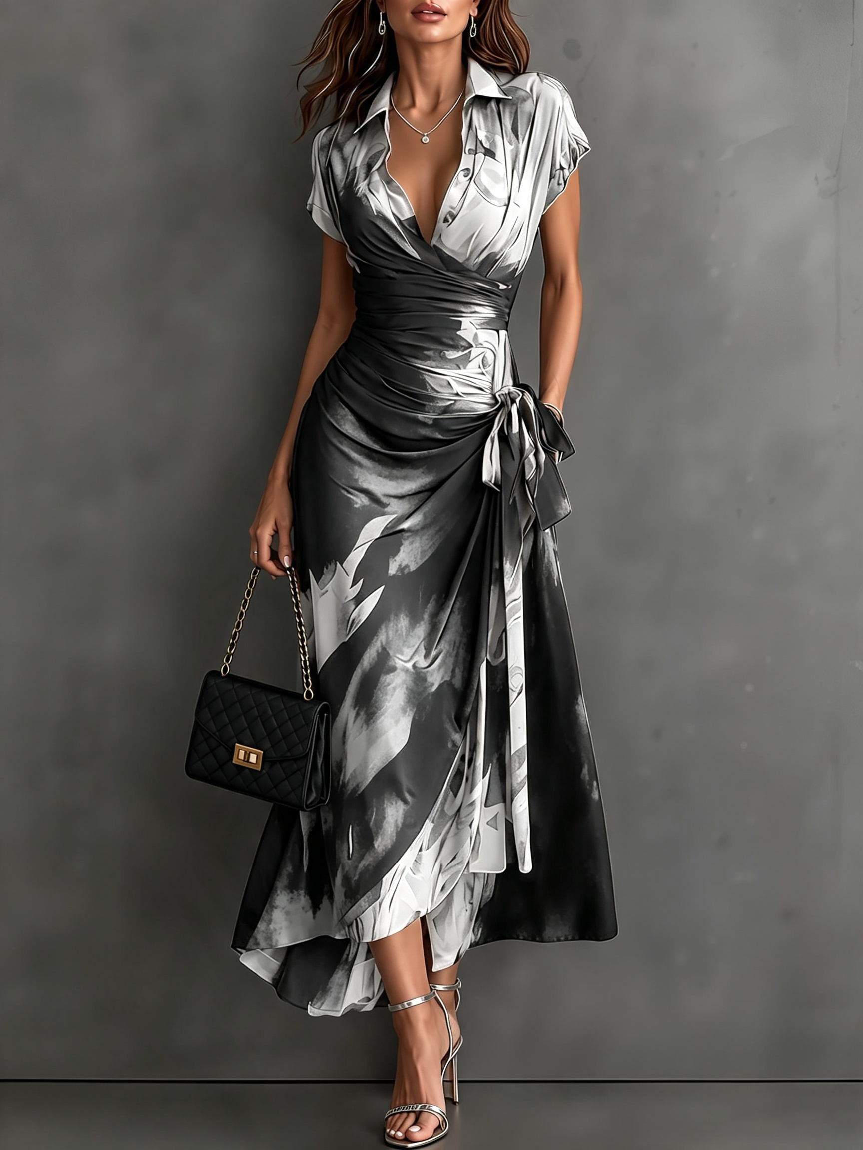 HARPER | Abstract Print Wrap Midi Dress with Tie-Waist Detail