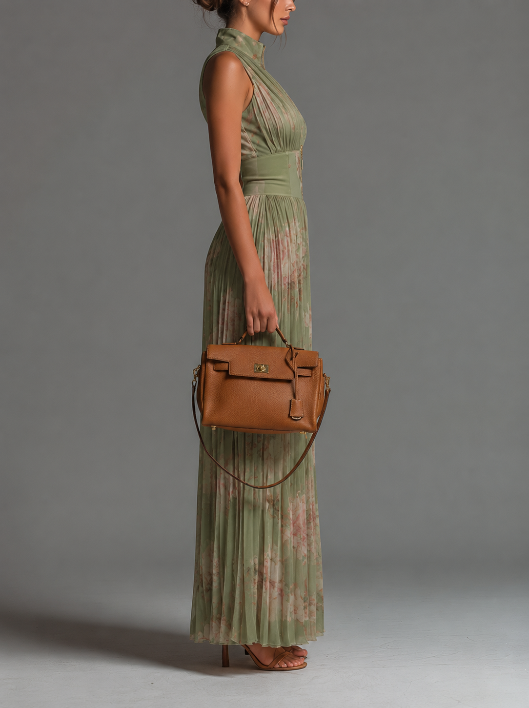 Valentina | Floral Sage Green Pleated Chiffon Jumpsuit