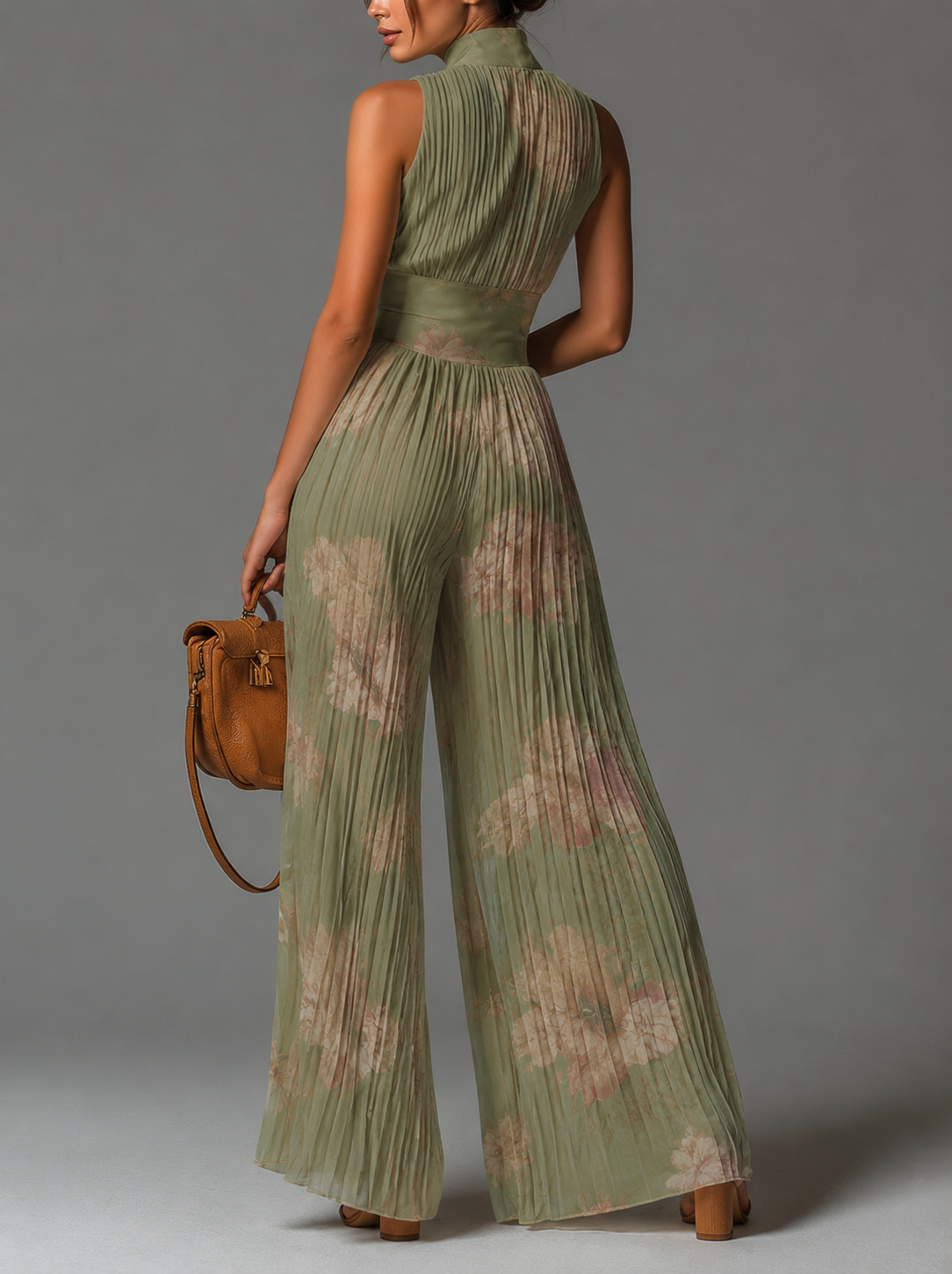 Valentina | Floral Sage Green Pleated Chiffon Jumpsuit