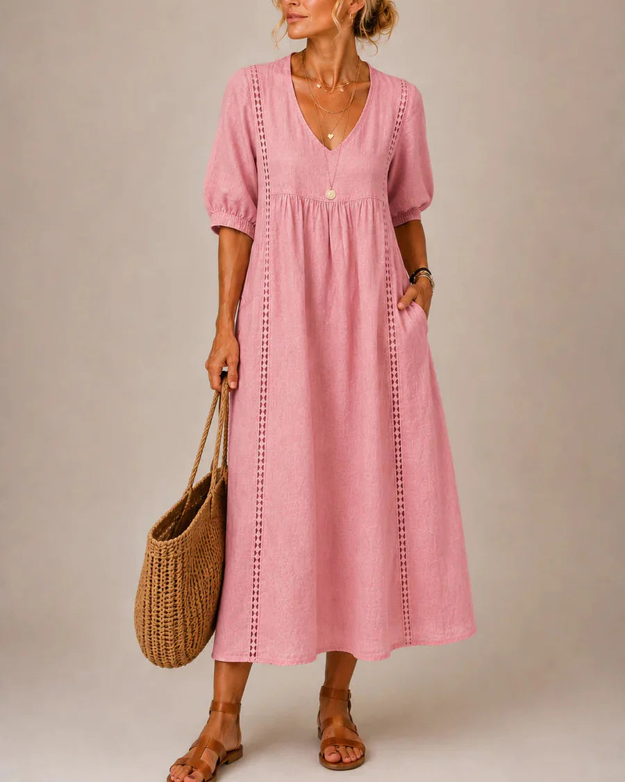 MEADOW | Lace-Trim Midi Dress with Relaxed V-Neck Silhouette