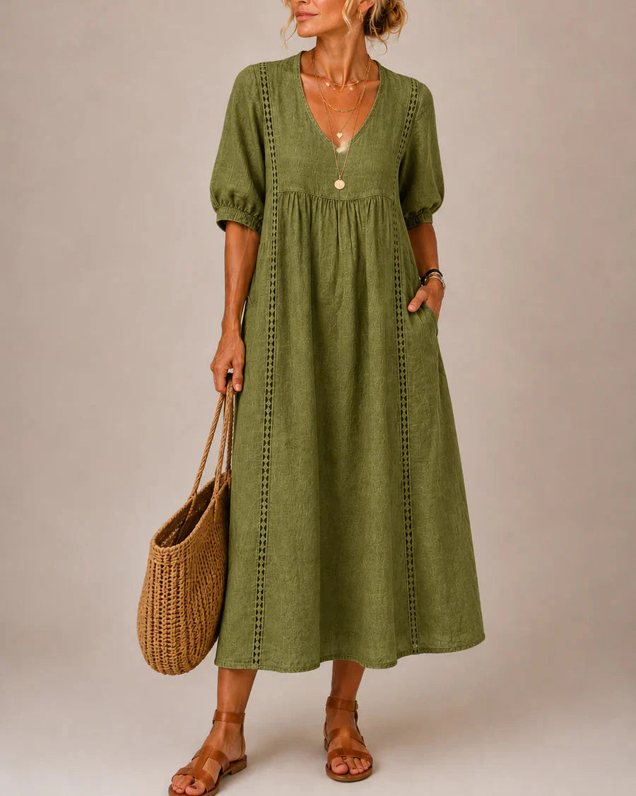 MEADOW | Lace-Trim Midi Dress with Relaxed V-Neck Silhouette