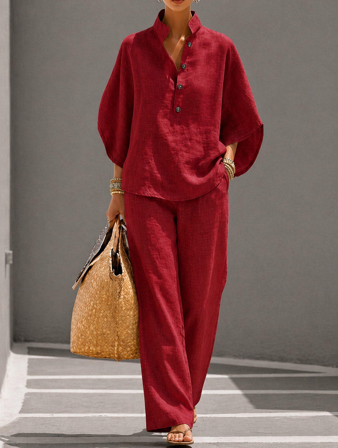 Mariel | Cotton Linen Batwing Sleeve Wide Pants Set
