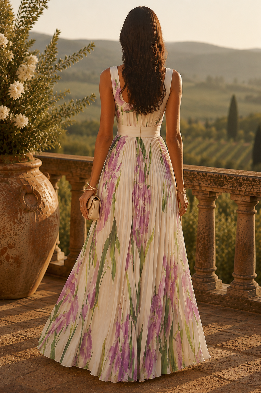 Long Pleated Dress with Floral Print