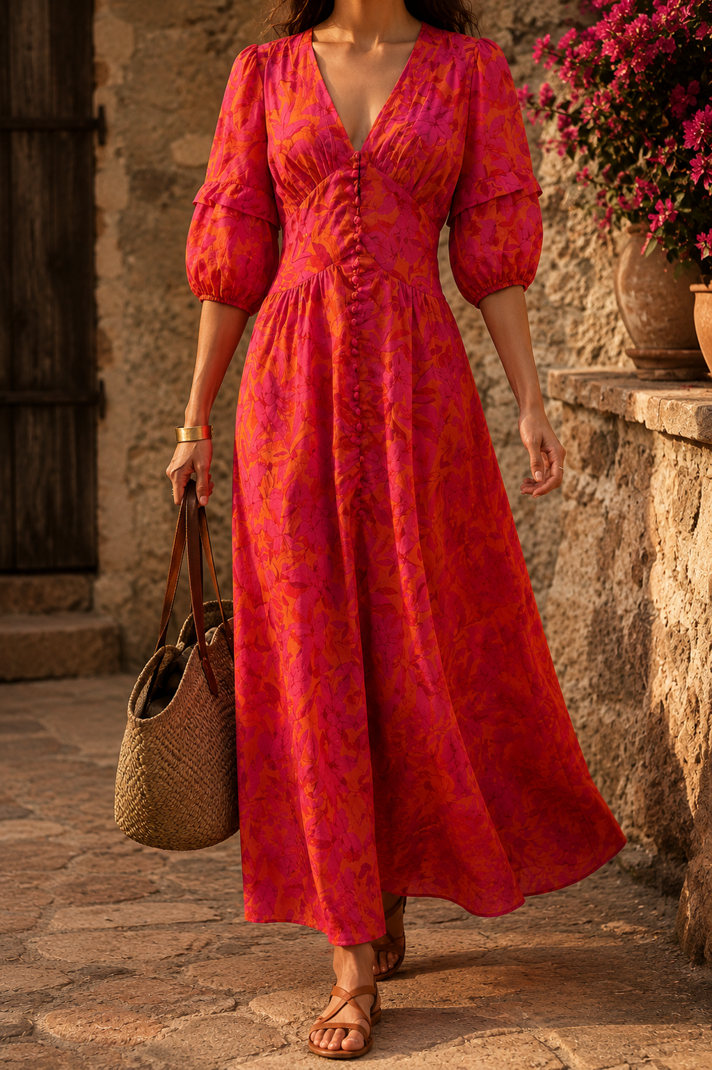 Long Resort Chic Dress in Pink and Orange