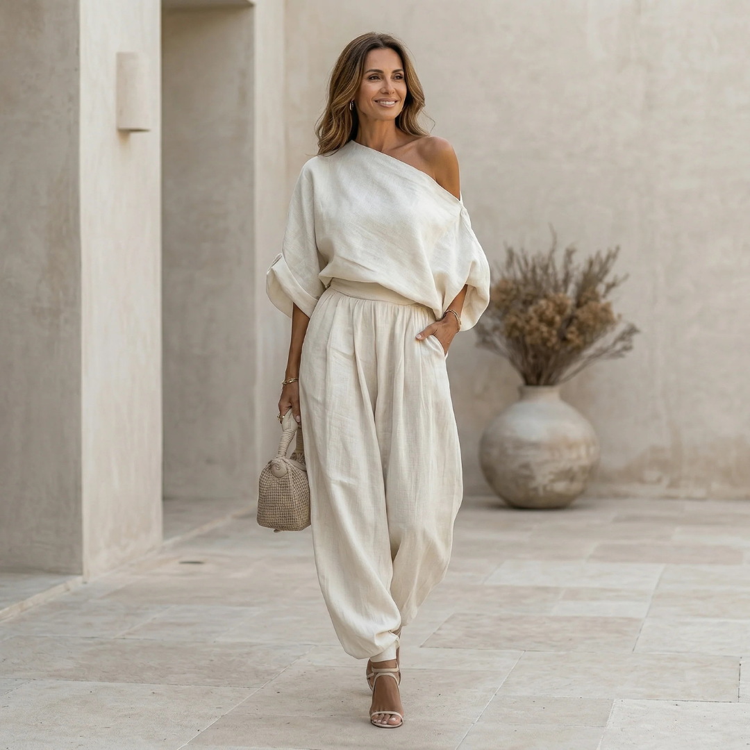 Ginevra | Premium two-piece linen set with off-the-shoulder design