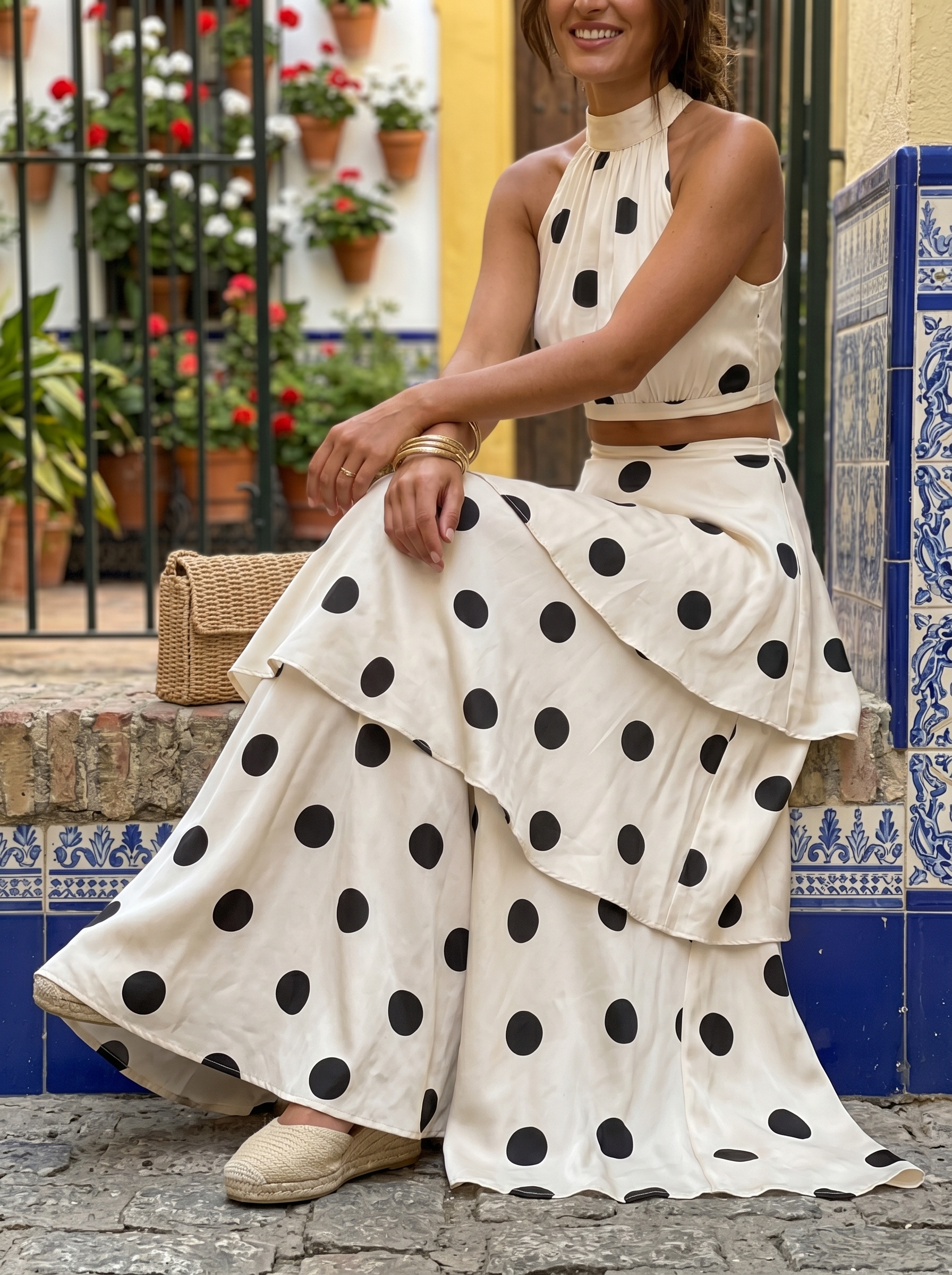 Ensemble top and long skirt with polka dots