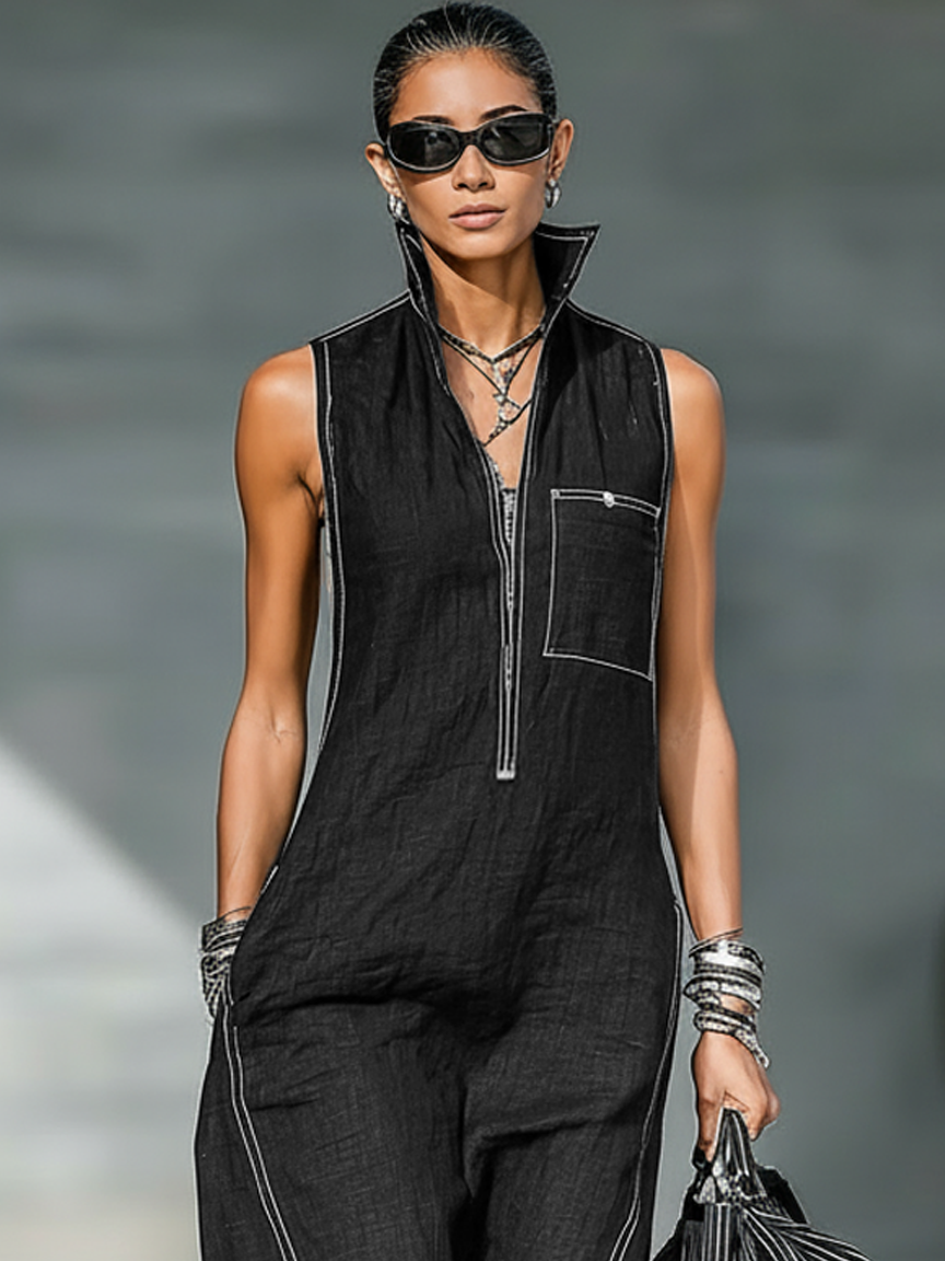 Sleeveless Overalls with White Trim