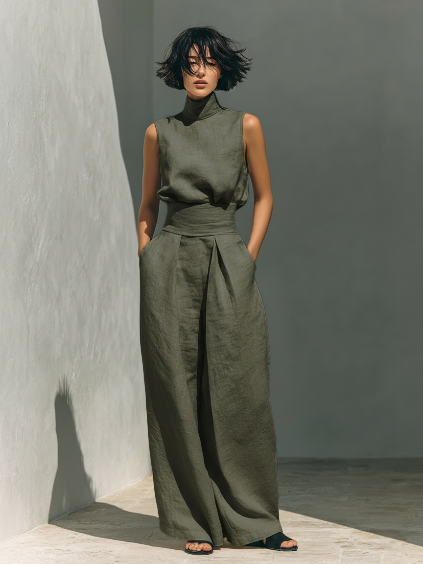 Lili – Minimalist cotton and canvas set: tank top and wide-leg pants for women