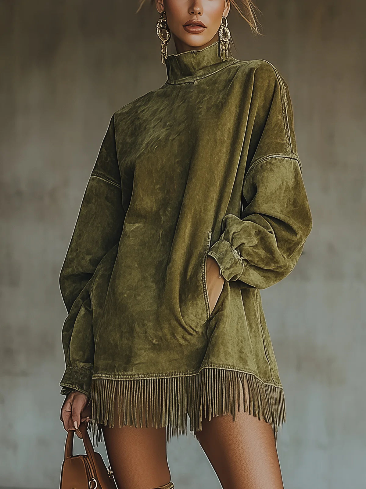 Gabrielle | dress with high collar and fringes