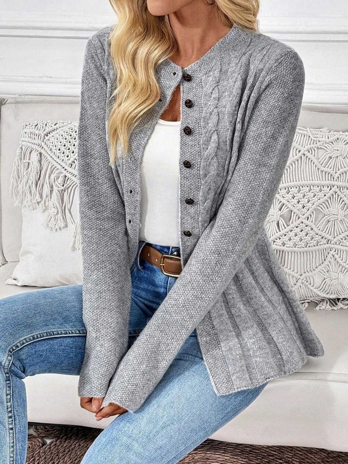 CLEA | Cable Knit Cardigan with Cinched Waist