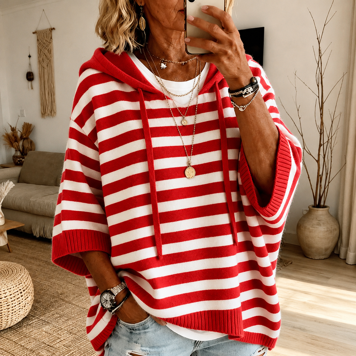 Charlotte – Red Striped Poncho Sweater