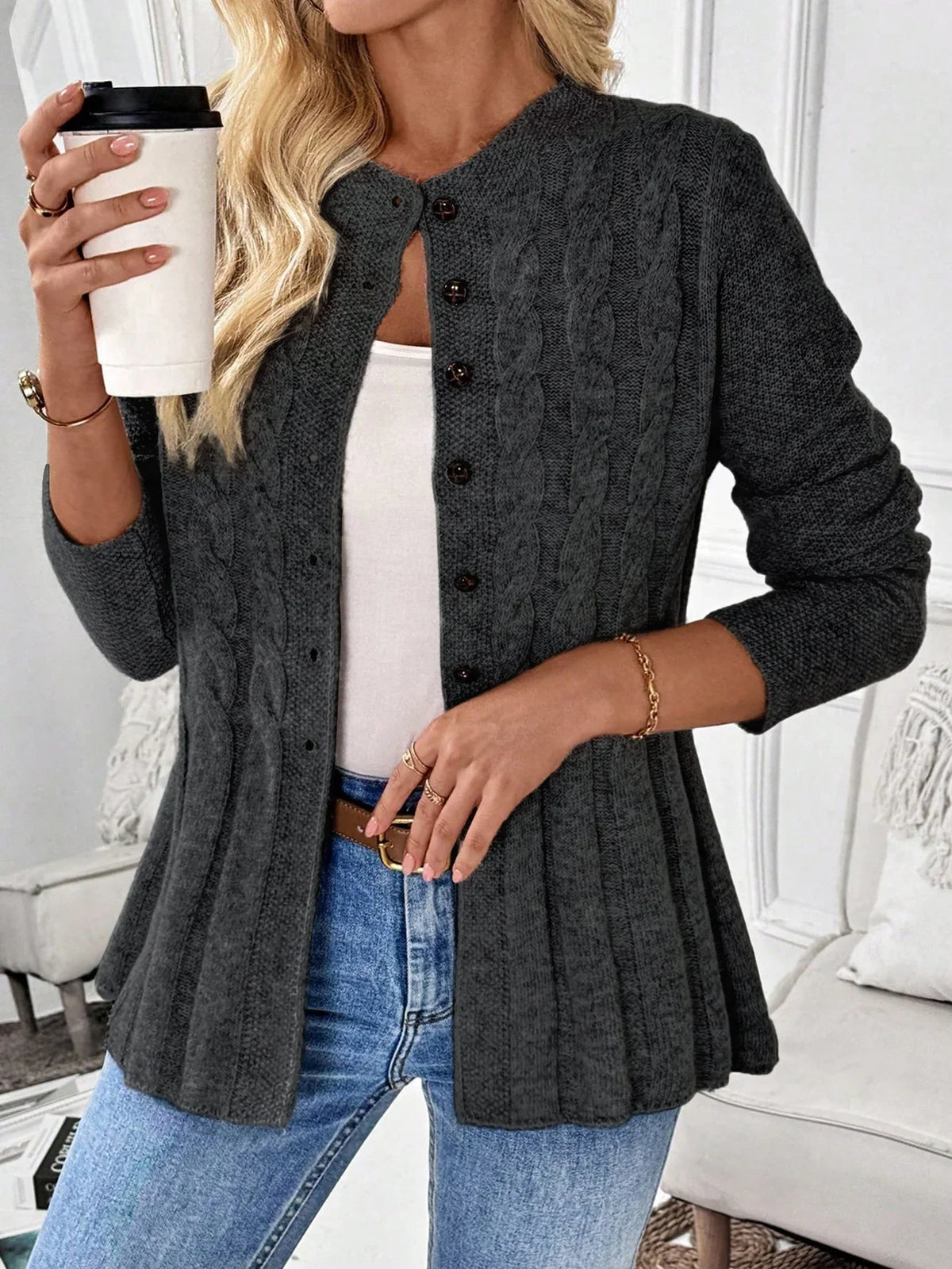 CLEA | Cable Knit Cardigan with Cinched Waist