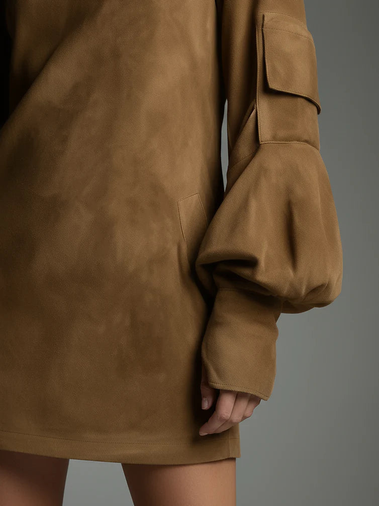 Buy | Loose suede mini dress with high neck