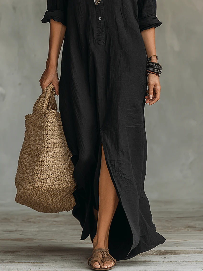 Soline™ | Long Black Maxi Dress with Buttons