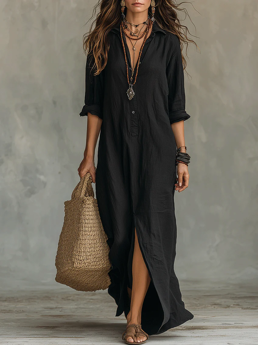 Alessia | Soft Black Maxi Dress with Buttons