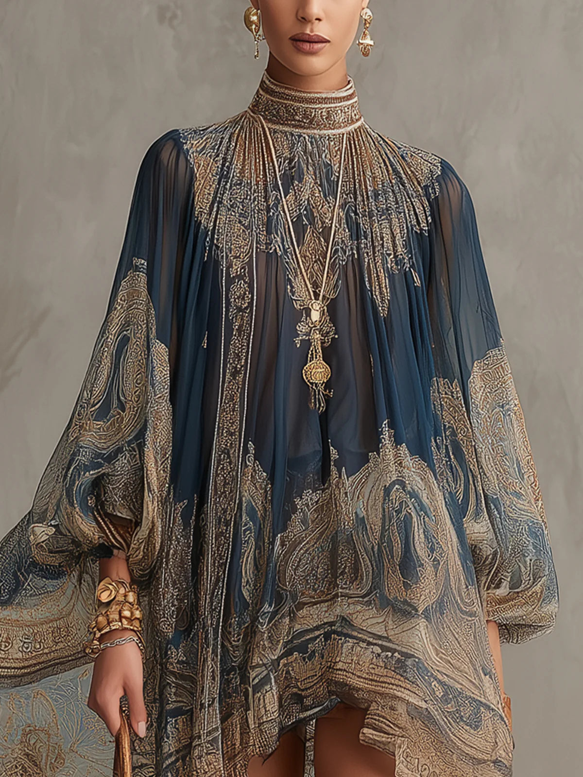 Bérénice | Asymmetric Mini Dress in Lightweight Semi-Sheer Chiffon with Navy Blue Baroque Pattern and High Neckline
