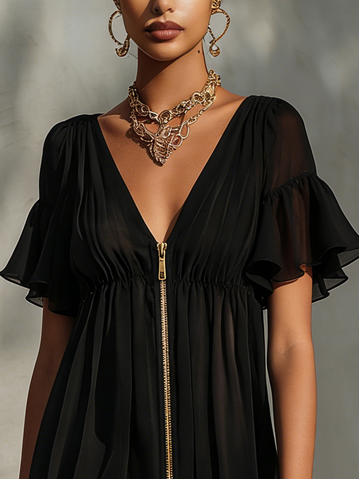 LUNA | V-Neck Mini Dress with Ruffled Sleeves and Lace Trim