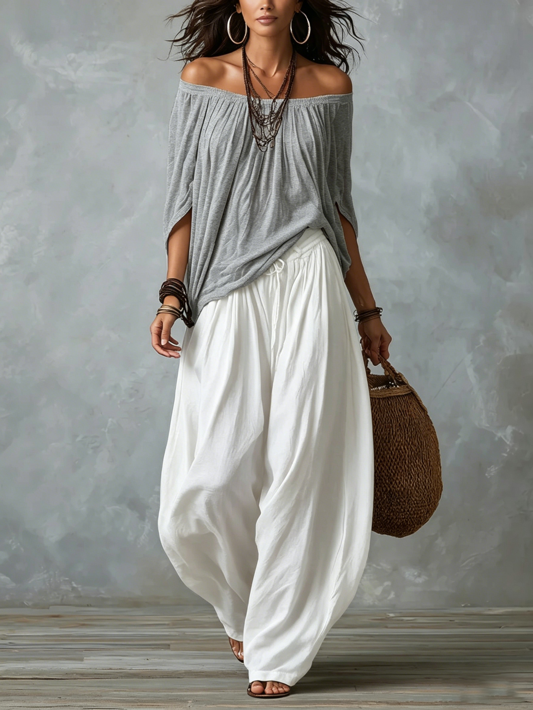 Gray Off-shoulder Top and White Flared Lantern Pants