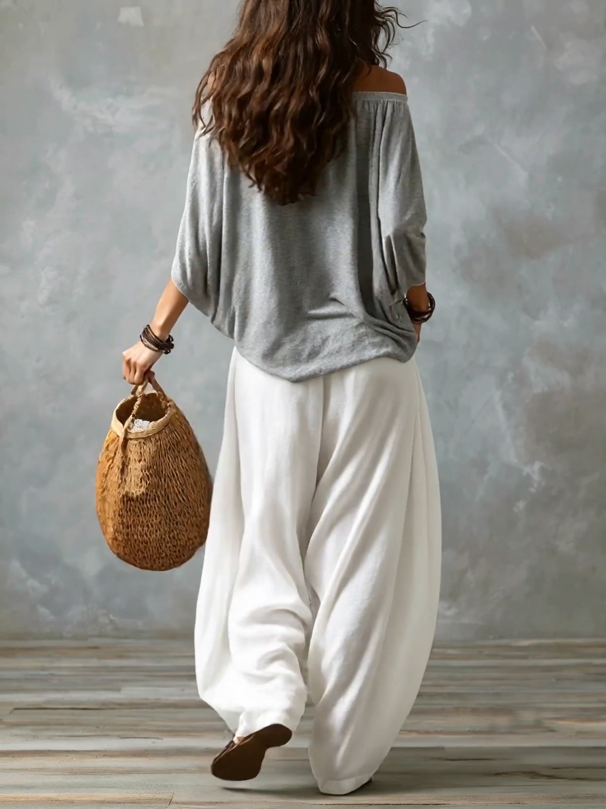 Gray Off-shoulder Top and White Flared Lantern Pants