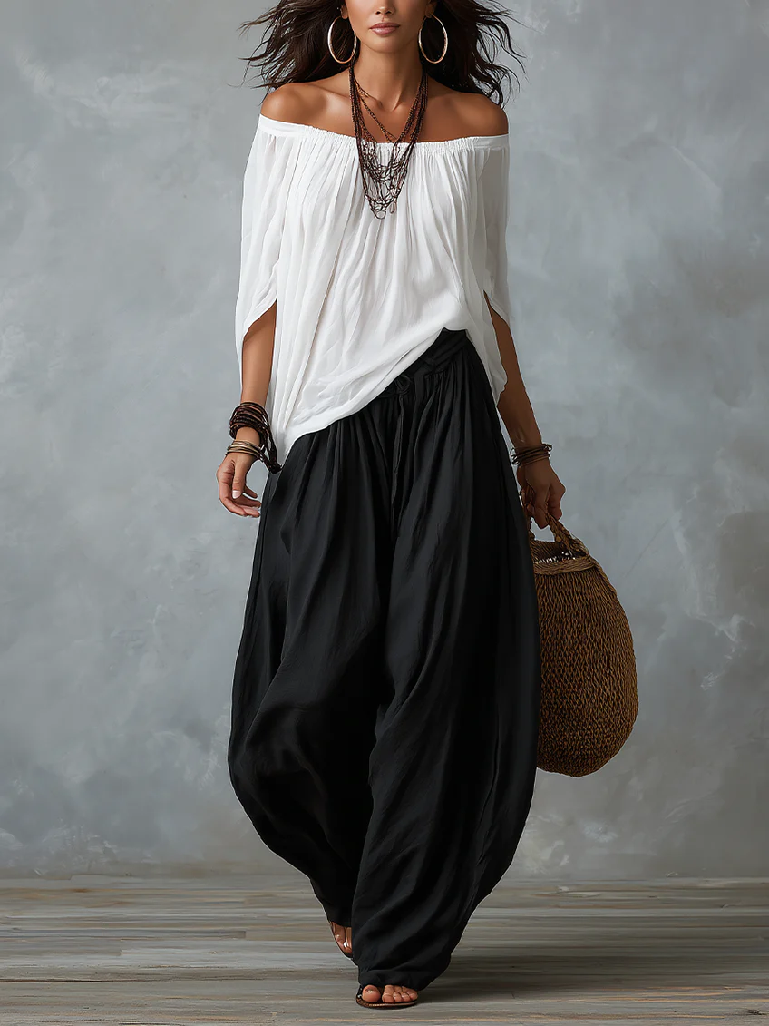 Top White Off-the-shoulder and Wide Lantern Pants