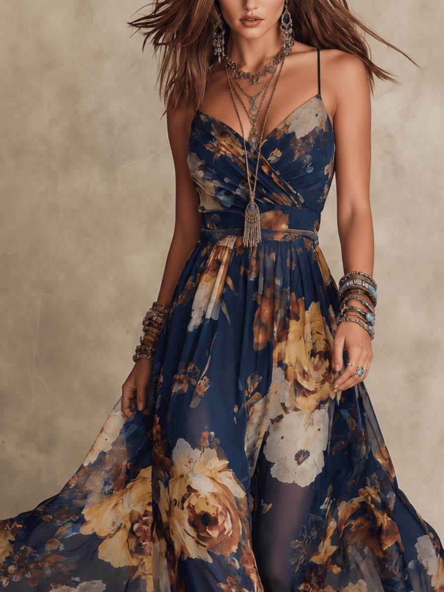 Navy Blue Chiffon Maxi Dress with Floral Print and Thin Straps