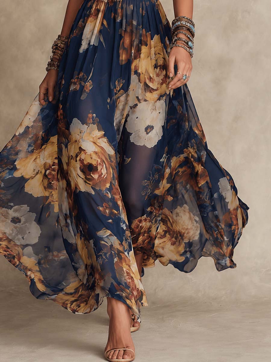 Navy Blue Chiffon Maxi Dress with Floral Print and Thin Straps