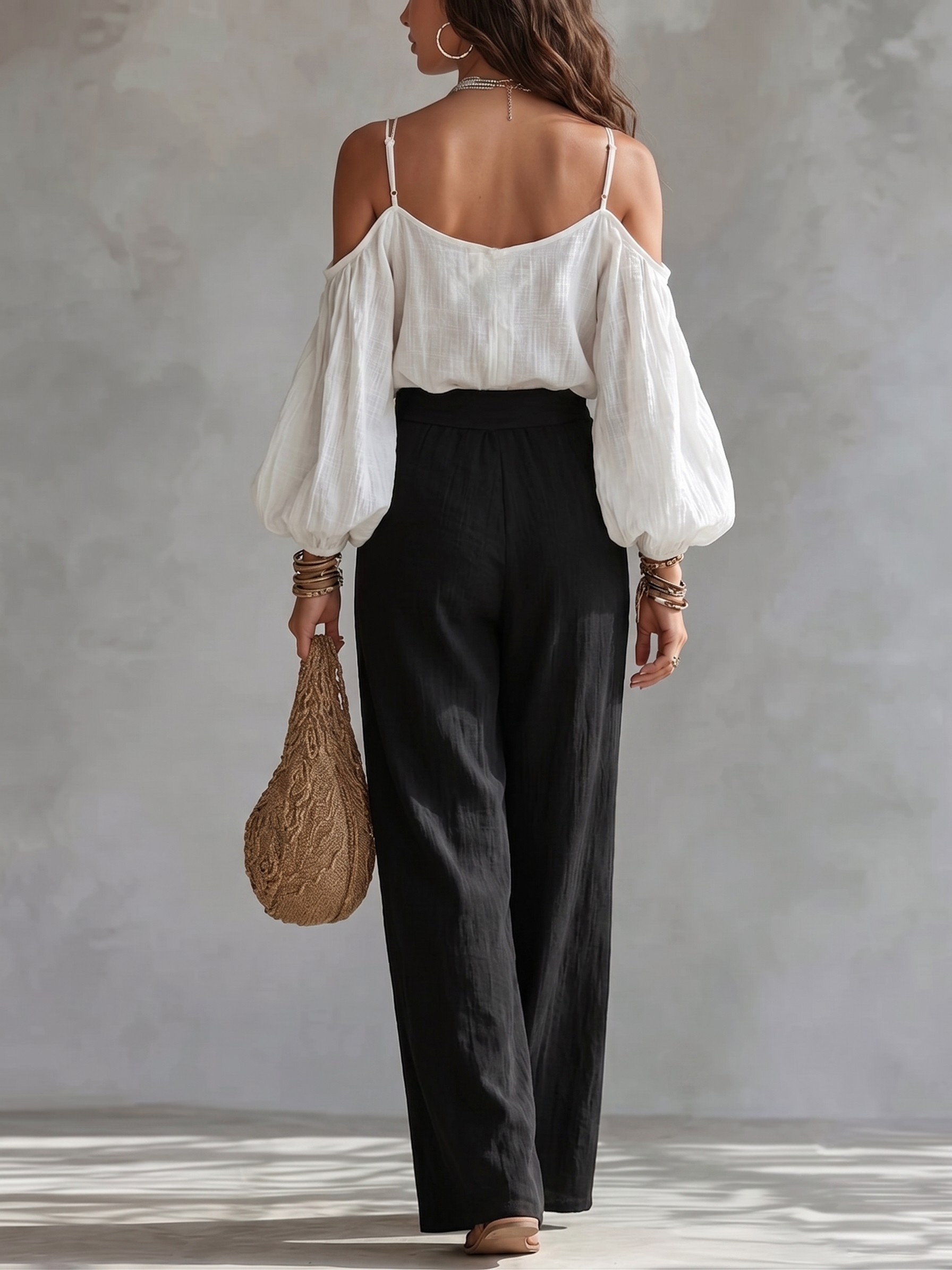 White Strapless Top and Black Wide Leg Pants Set