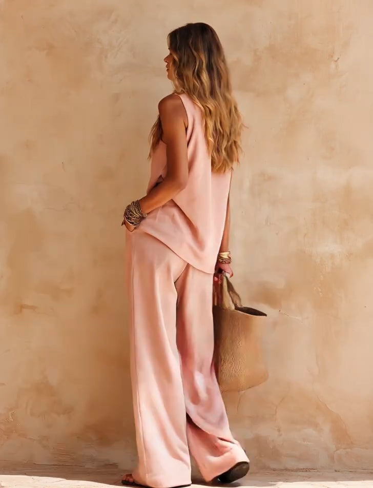 Complete Casual Pink Sleeveless One-Shoulder Top and Pants