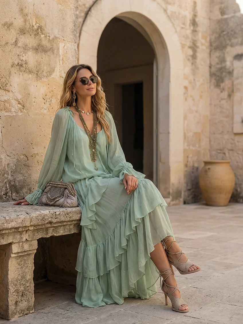 Mint Green Chiffon Top with Ruffles Paired with a Layered Skirt Set