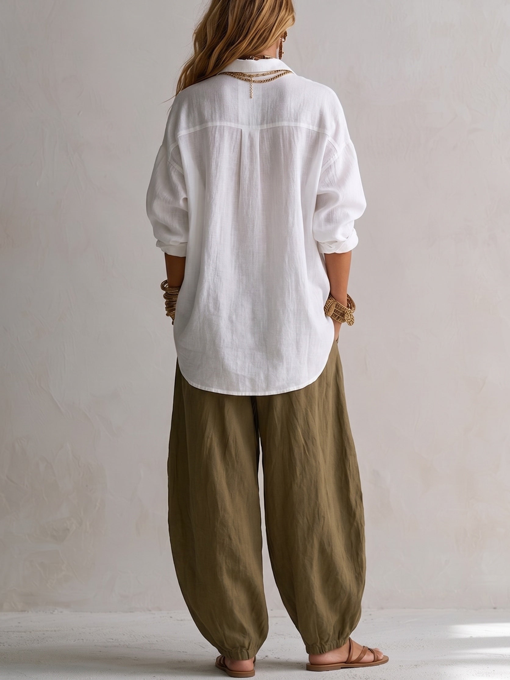White Loose Shirt and Green Wide-Leg Lantern Pants