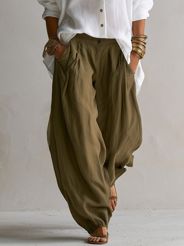 White Loose Shirt and Green Wide-Leg Lantern Pants