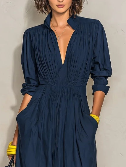 Ofelia | Long Pleated Dress with V-Neck and High Collar, Navy Blue