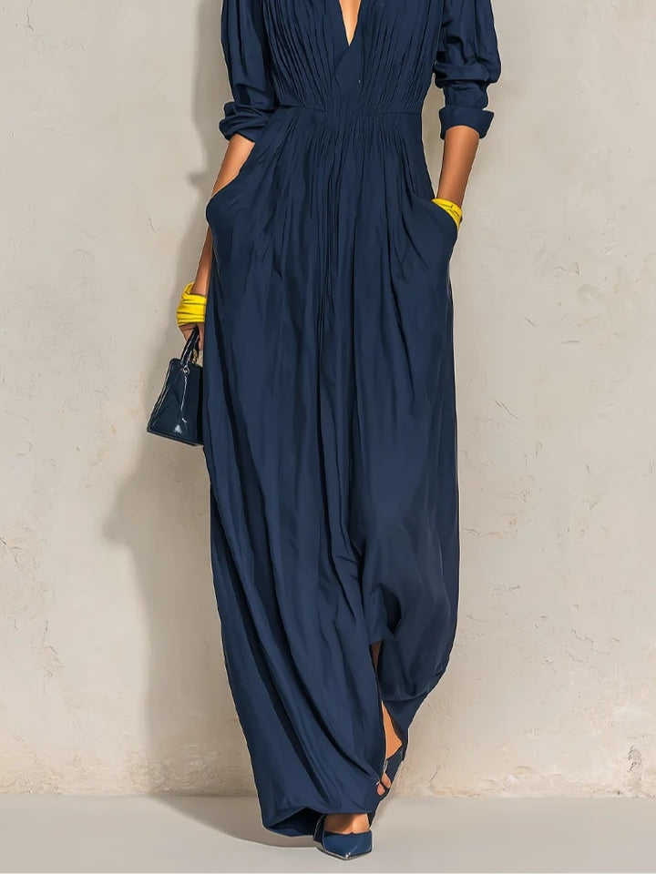 Ofelia | Long Pleated Dress with V-Neck and High Collar, Navy Blue