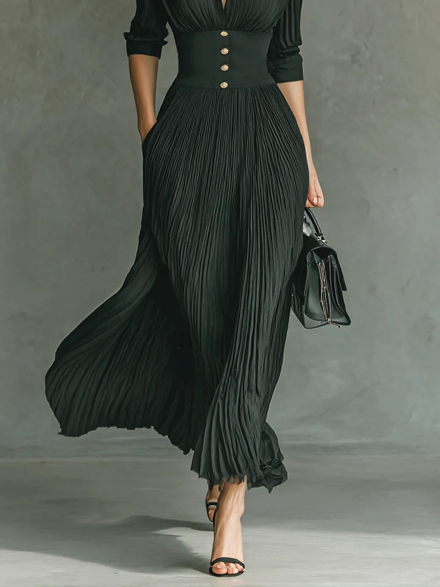 Elvire | Long Pleated Dress with Notch Lapel and High Waist