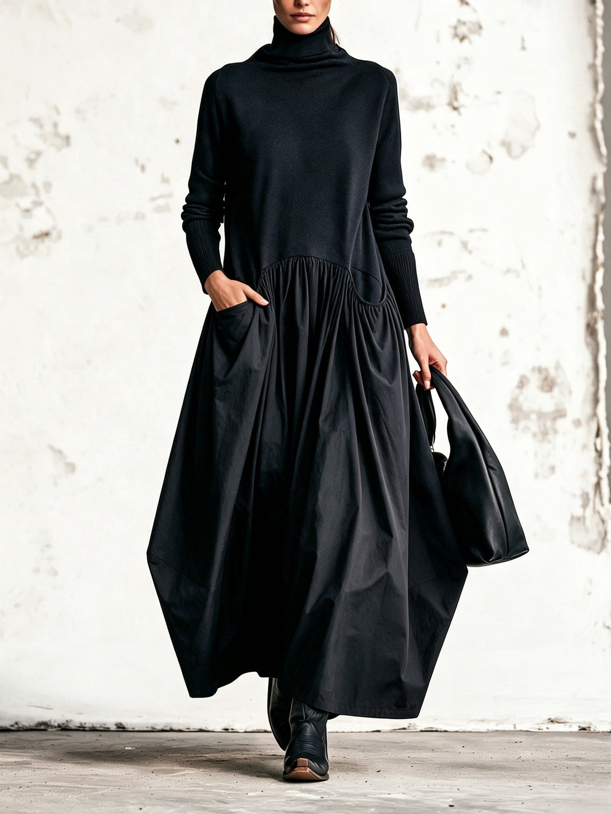 EVELYN | High-Neck Oversized Maxi Dress with Gathered Skirt