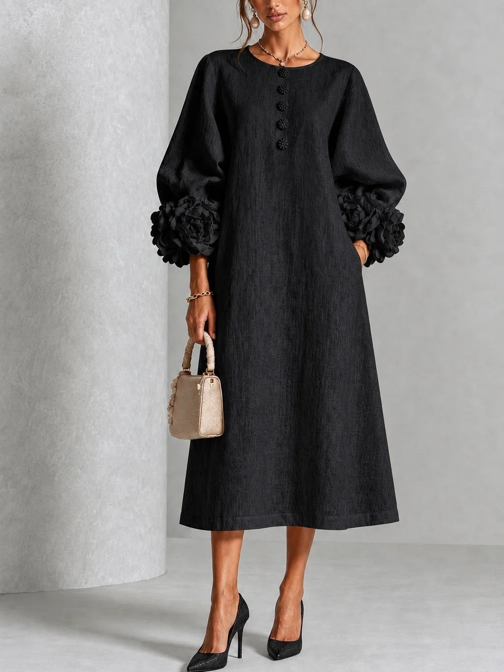 IVY | Floral Midi Dress with Rose-Cuff Sleeves