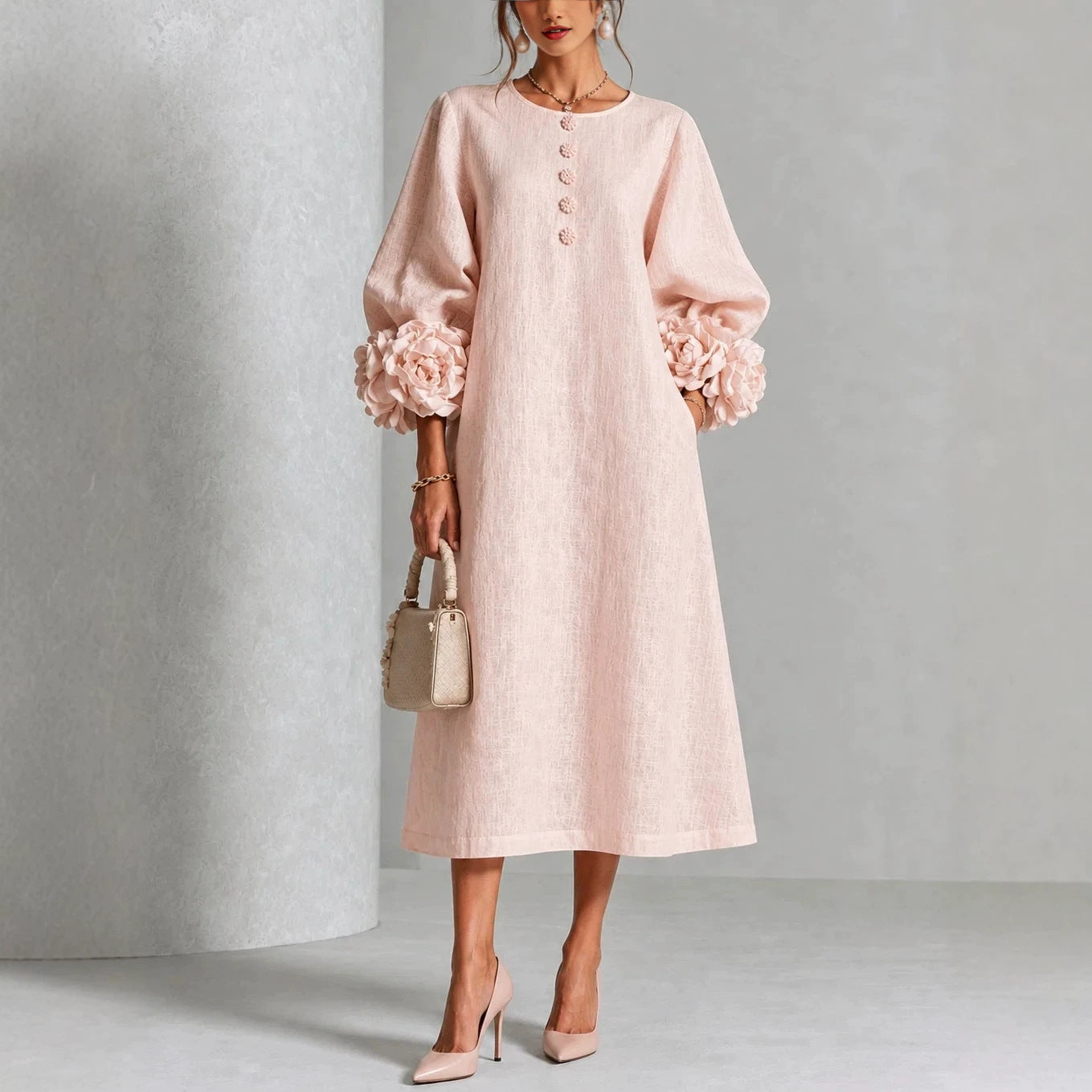 IVY | Floral Midi Dress with Rose-Cuff Sleeves